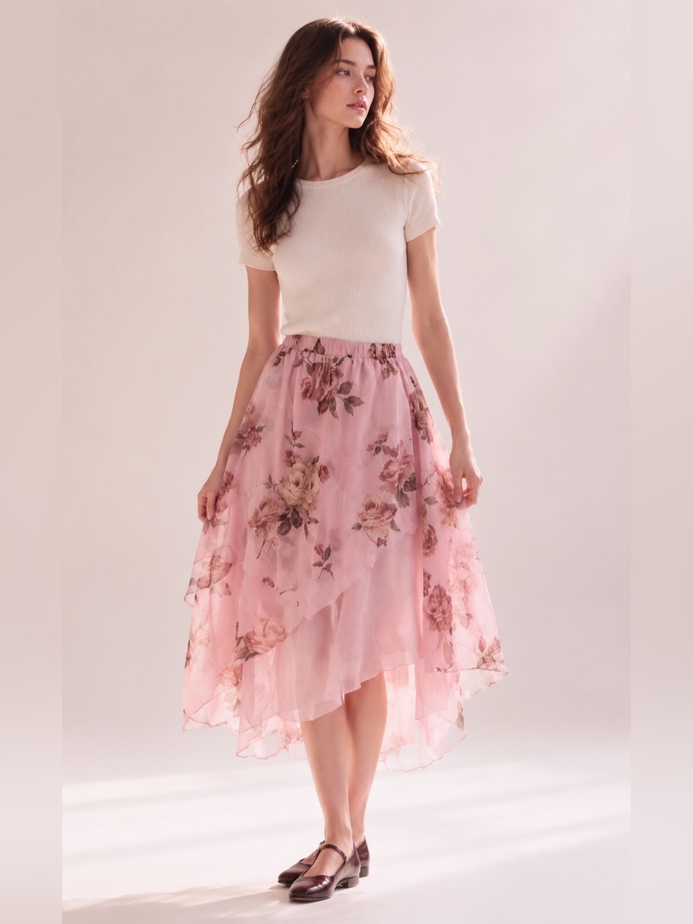 Y2K Romantic Floral Asymmetrical Fairy Skirt Pink Roses Size 24W